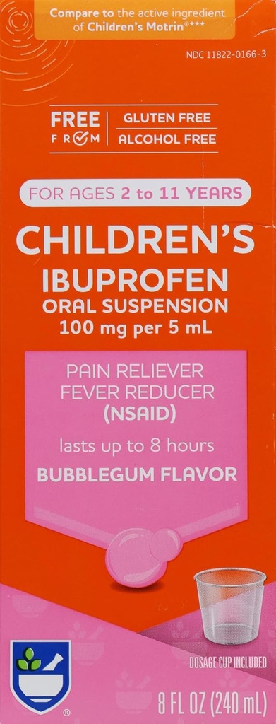 Ibuprofen, Ages 2-11, Bubble Gum - 8 oz | Kids Smerte Reliever & Fever Reduser | For barn Alder 2 til 11 år | Ibuprofen Oral Suspensjon 100 mg/5 ml | alkoholfri og glutenfri