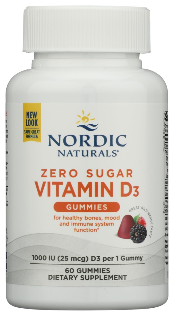 Nordic Naturals Zero Sugar Vitamin D3 Gummies, Wild Berry - 60 Gummies - 1000 IU Vitamin D3 - Great Taste - Sunn Bones, Mood & Immune System Funktion - Ikke-GMO - 60 Serveringer