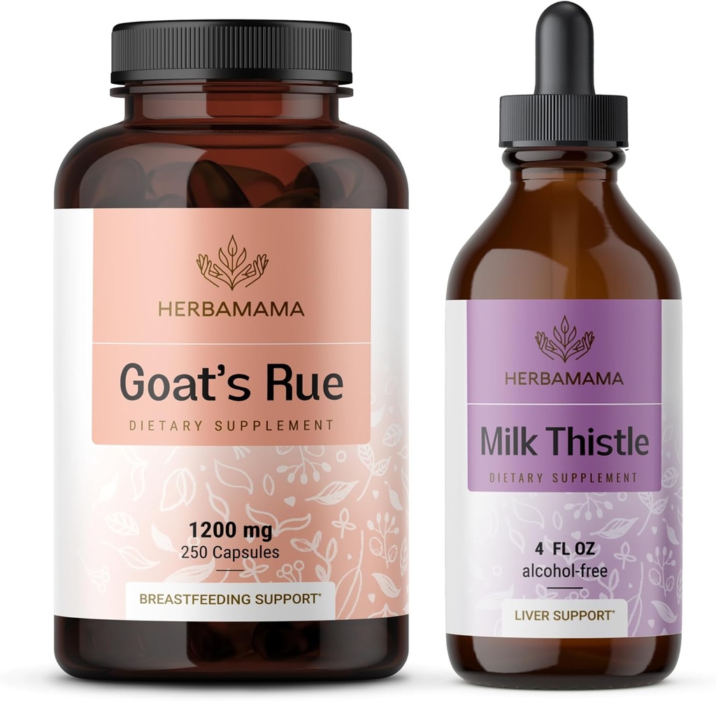 HERBAMAMA Goat's Rue og Melk Thistle Kit - Bundle på 1200 mg Goat Rue Capsules & Milk Thistle Liver Detox Drops 4 fl oz - Vegansk, ikke-GMO, Sukker & alkohol-fri - 2 pakke