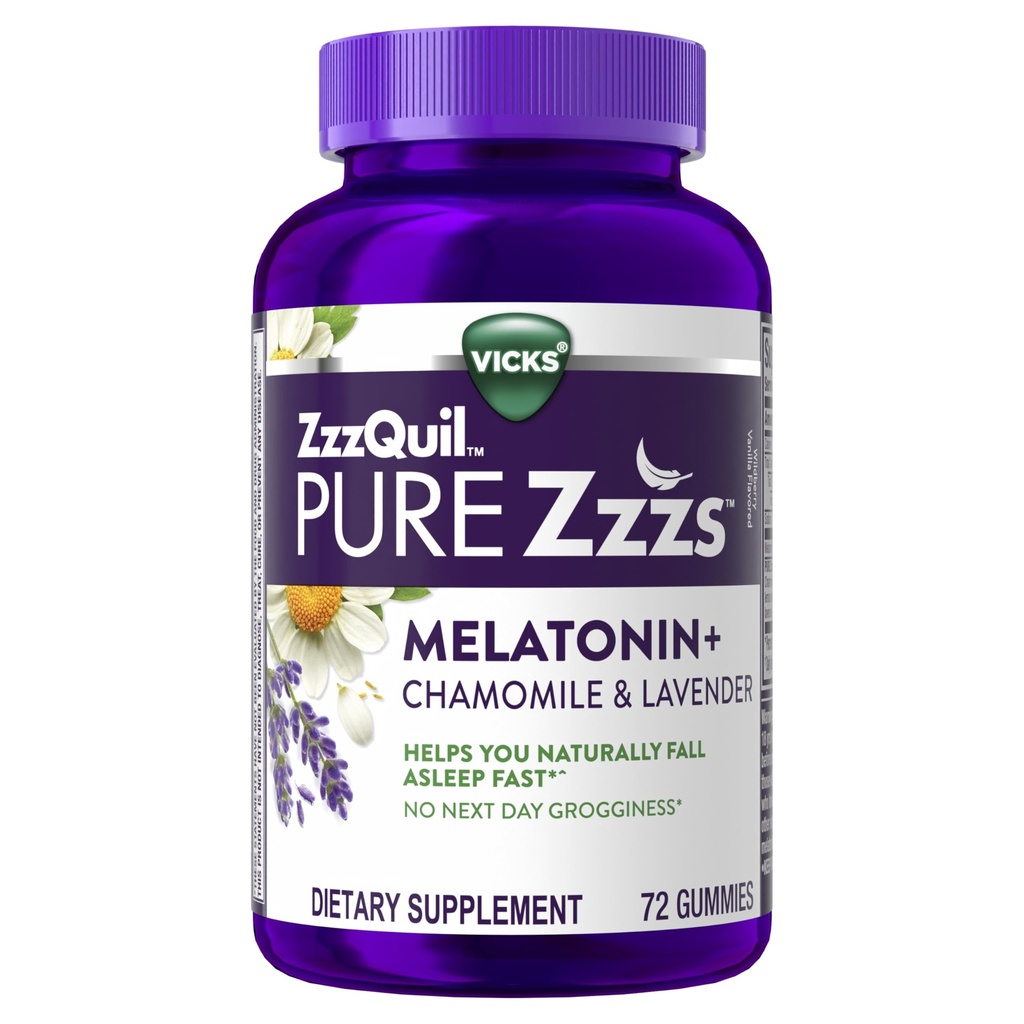 ZzzQuil PURE Zzzs Melatonin Gummies, søvnhjelp, Melatonin 2mg, med Kamille & Lavendel, Melatonin søvn Gummies, søvnhjelp for voksne, Wildberry Vanilla Flavored, 72 søvn Gummies