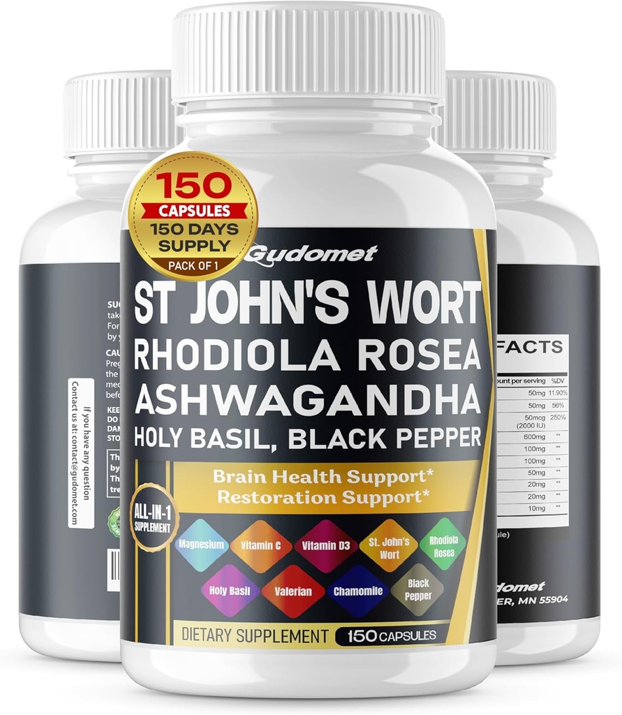 St. John's Wort Rhodiola Rosea Ashwagandha Holy Basil Valerian Kamille Black Pepper - 150 Kapsler-laget i USA