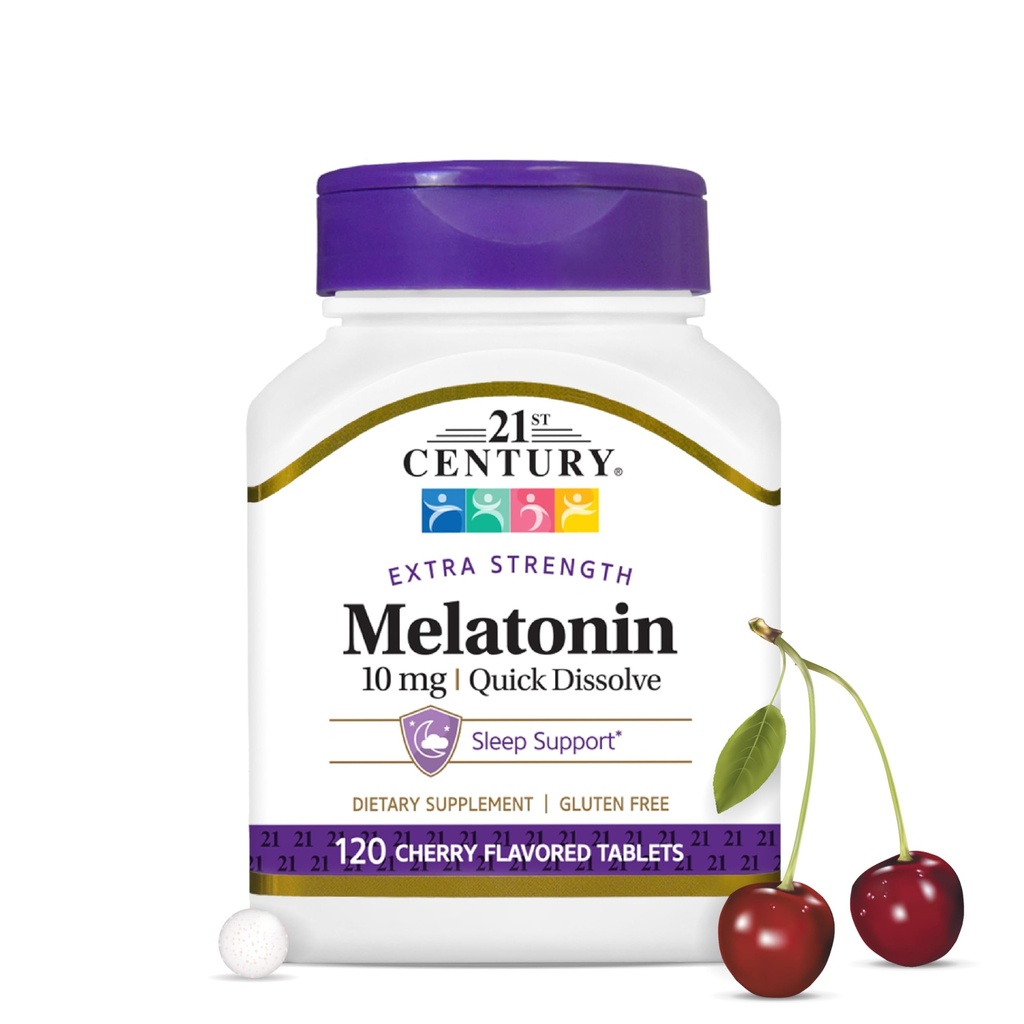 21st Century Melatonin 10 mg ekstra styrke, 120 greve, rask oppløsning søvnhjelp for voksne, fremmer avslapping og hvilelig søvn, ikke-habit forming, glutenfri, Cherry Flavor