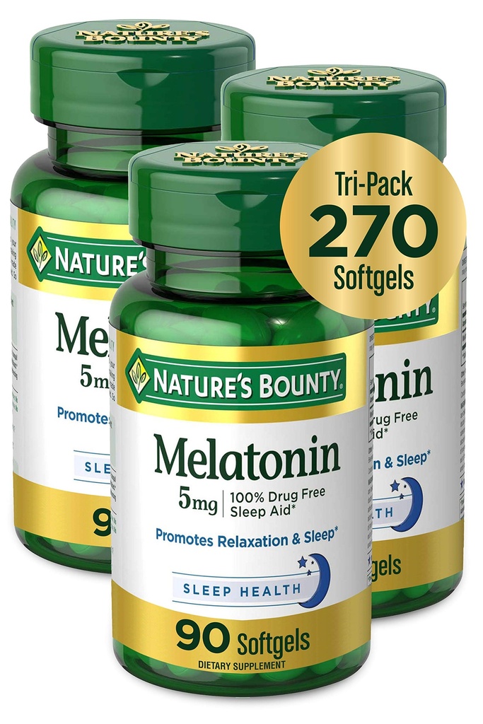 Naturens Bounty Melatonin 100% Drug Free Sleep Aid, Dietary Supplement, fremmer avslapping og søvn helse, 5 mg, 90 greve, Pakke med 3