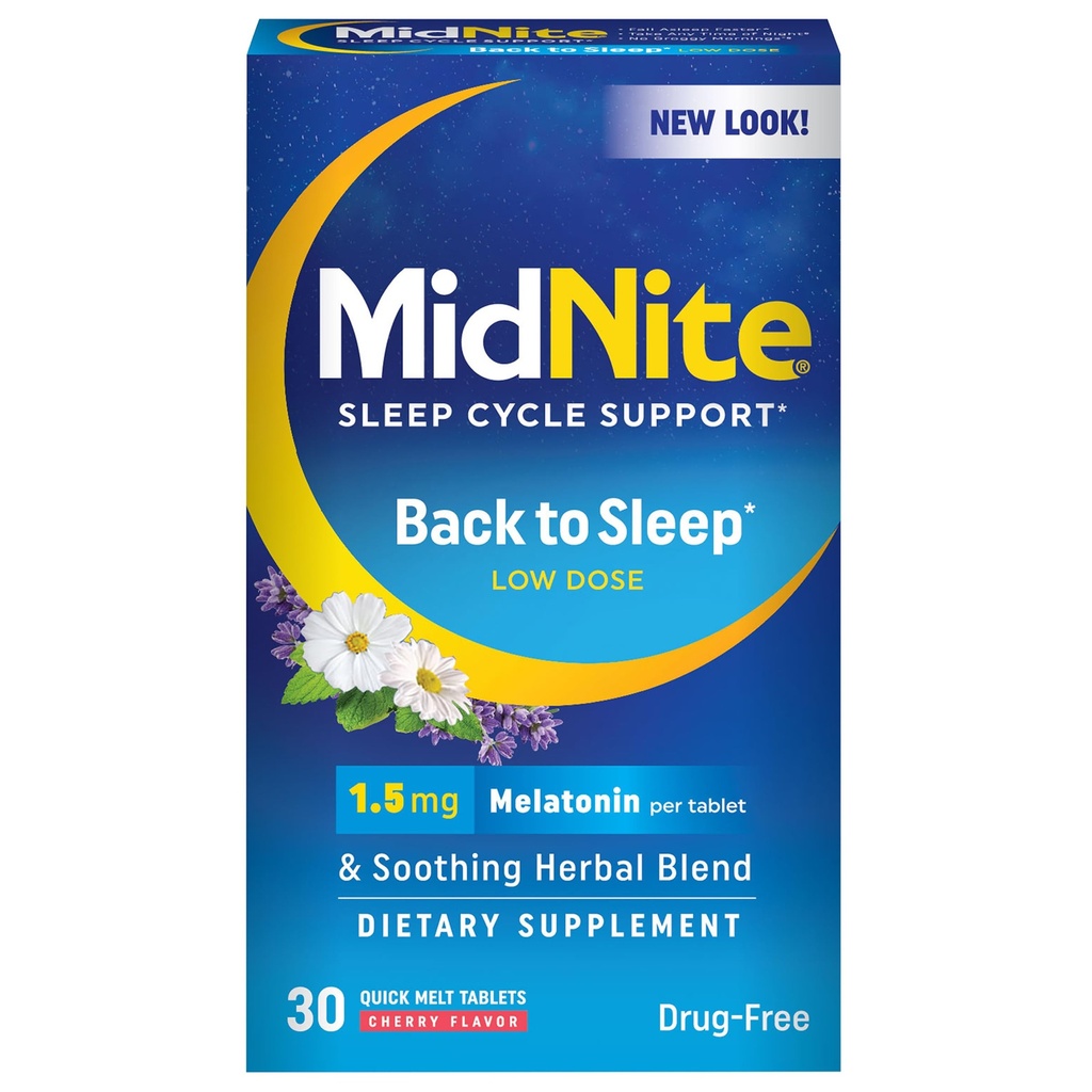 MidNite Tilbake til søvn Lav dose, 1,5 mg melatonin søvnhjelp, ikke-habitforming, herbal kosttilskudd for voksne, narkotikafri, glutenfri, saltvannsfri, vegetarisk, vegetarisk, 30 hurtigmeltetabletter