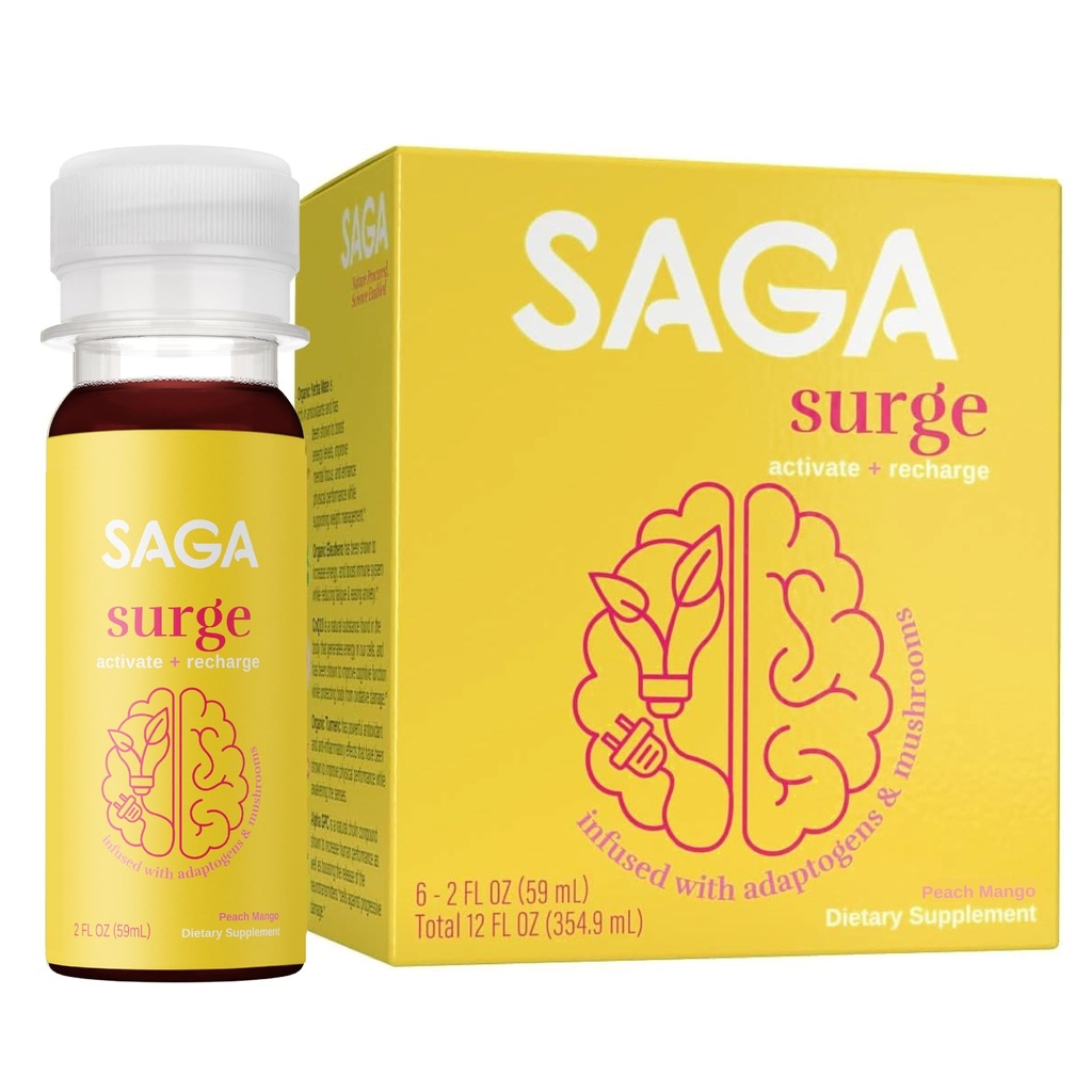 SAGA SURGE Økologisk Energi Shots | Yerba Mate & Alpha GPC Supplement med CoQ10, Turmeric & Mushrooms | Pre Workout Økt drikke for fokus, utholdenhet og ytelse | 2oz Peach Mango