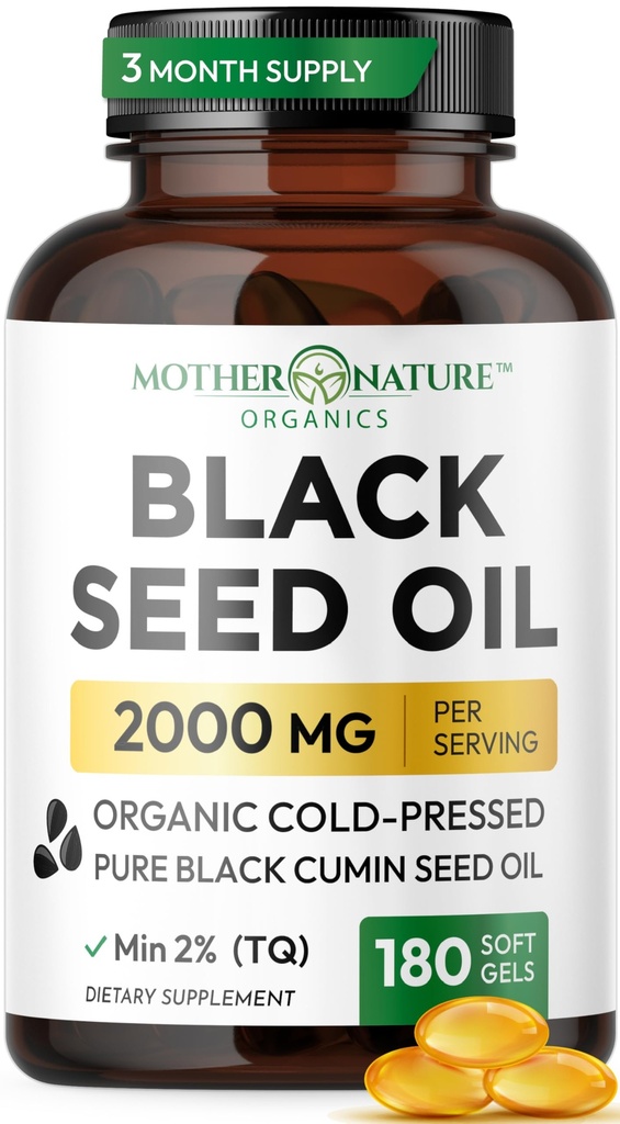 Svart Seed Oil Capsules 2000mg Per Serving, Organisk kuldepresset svart cumin, høy TQ, immun & felles støtte, 180 Count (3 måneders forsyning)