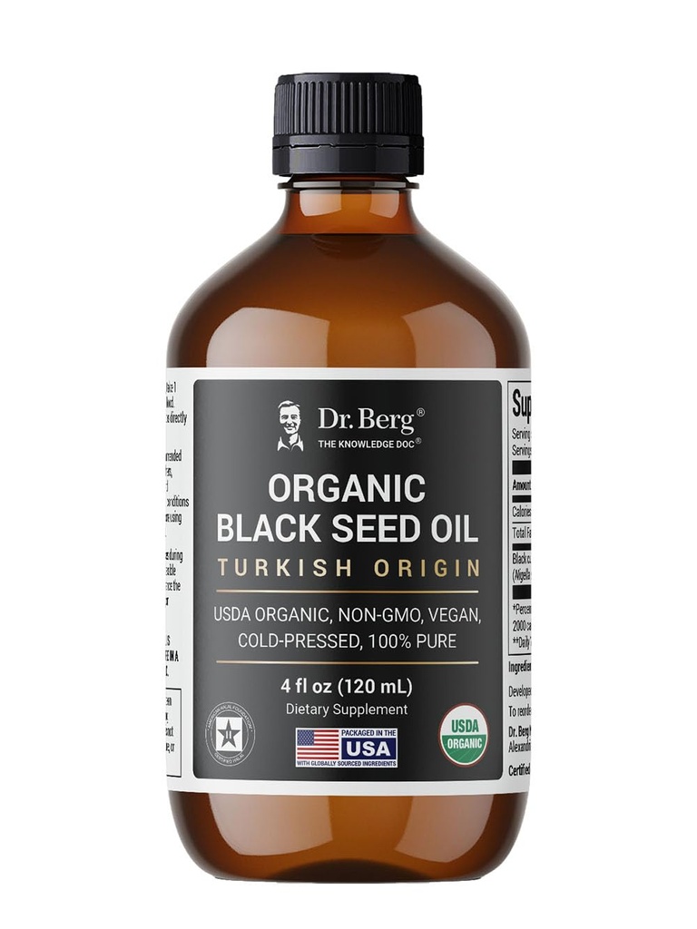 Dr. Berg Black Seed Oil Organic Cold Pressed – ren Nigella Sativa Black Cumin Oil – USDA Organic, Halal, Vegan – for hår, hud, immunstøtte – uraffinert væske – 4 oz Glassflaske