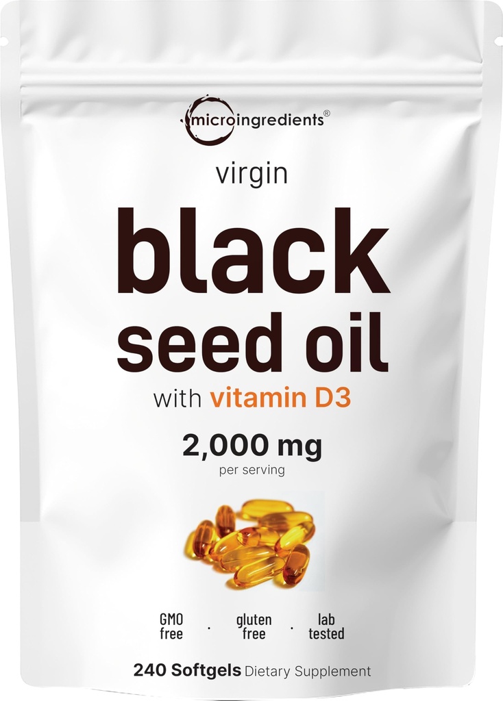 Mikroingredienser Svart Seed Oil med vitamin D3 1000 IU, 240 Softgels | 2.000 mg Svart Seed Oil Per Serving | Nigela Sativa Oil | 2-i-1 Uraffinert Seed Oil Formula | Ikke-GMO, cGMP Produsert