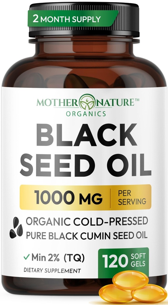 Svart Seed Oil Capsules 1000mg, organisk kaldt presset svart cumin, høy TQ, immun & felles støtte, 120 greve (2 måneders forsyning)