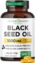 Svart Seed Oil Capsules 1000mg, organisk kaldt presset svart cumin, høy TQ, immun & felles støtte, 120 greve (2 måneders forsyning)