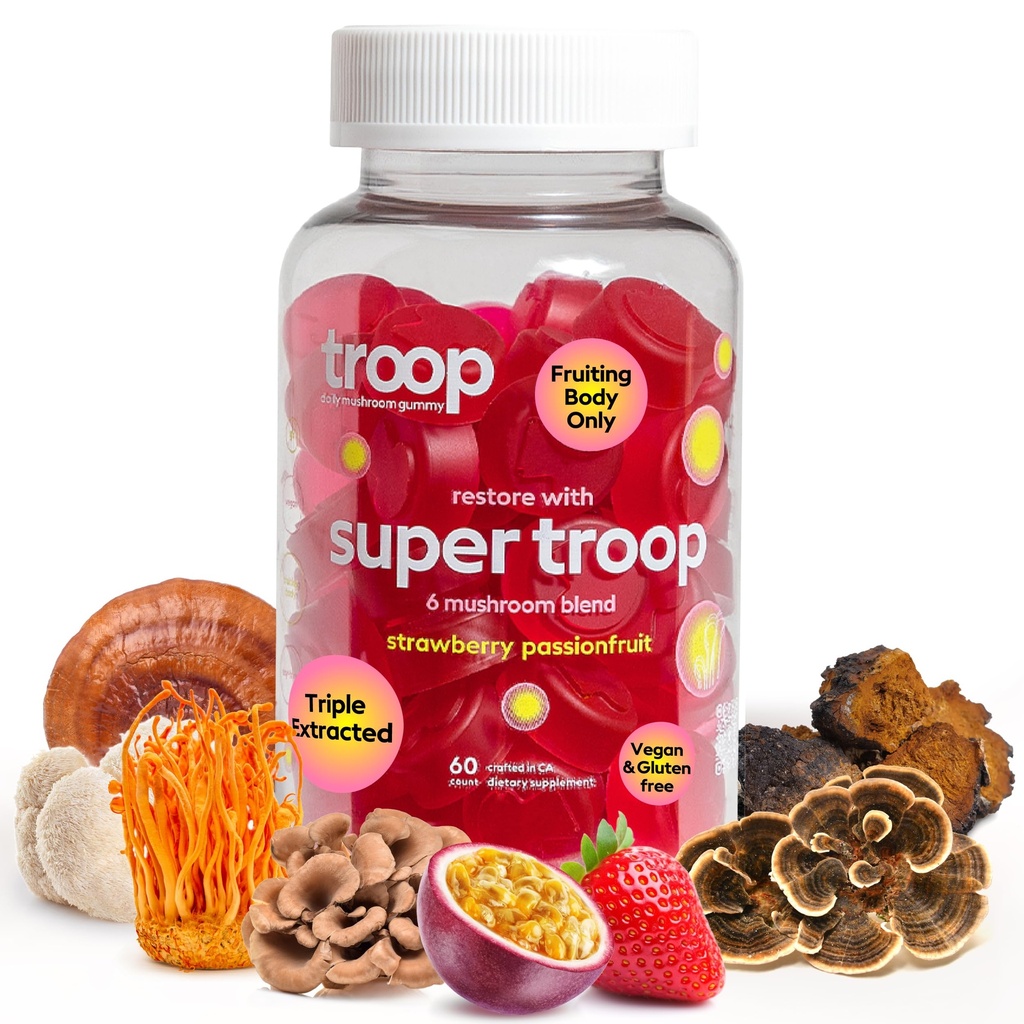 Troop Super 6 Mushroom Gummies — Immunitet, Energi og Mood Boost - Trippelekstrahert Frukting Kropp - Vegan, 60 Tell