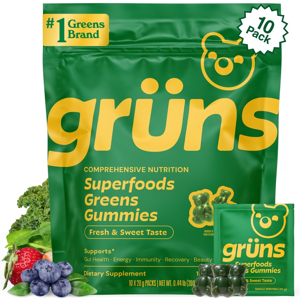 Gruns voksne Super Greens Gummies, Multivitamin Superfood Gummy Bears, Spirulina, Klorella, Prebiotika & Fiber Gummies for Digestive Helse, Adaptogens Supplement, 20 vitaminer & Mineraler, 10 Telling
