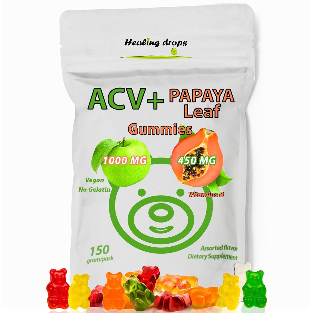 ACV Gummies & Papaya Leaf Extract Gummies - Premium Potent Apple Cider Vinegar Supplement - Iodine Infusert & Vitaminer B6 B12 - Håret Hud og hjertevennlig (1, vanlig)