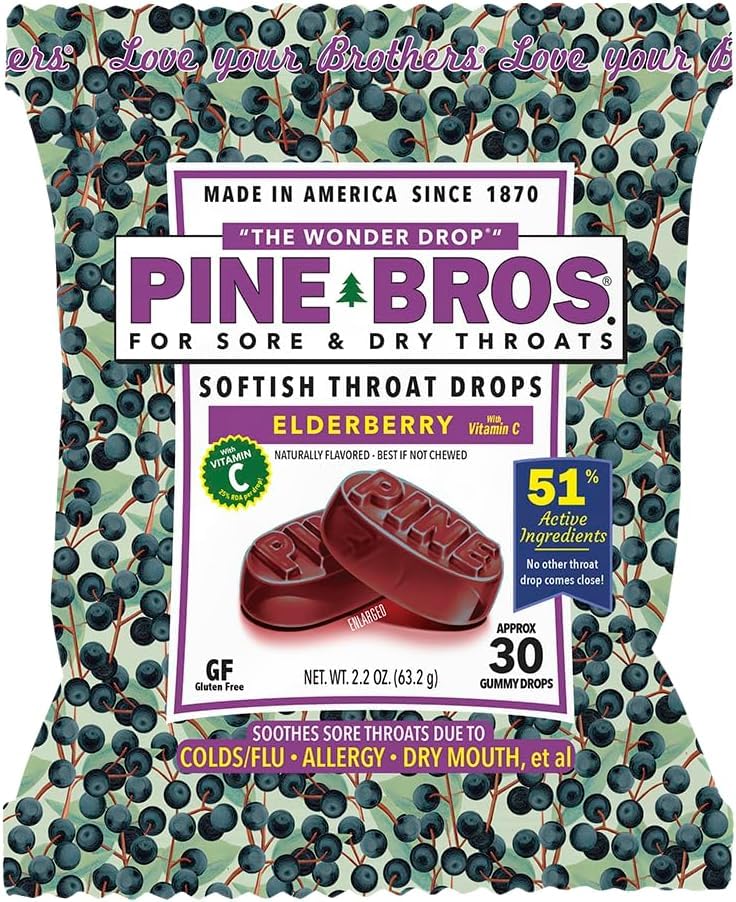 Pine Bros. Gummy Sore Throat Softish Drops 30 Count (Approx) (pakke med 1, Elderberry)