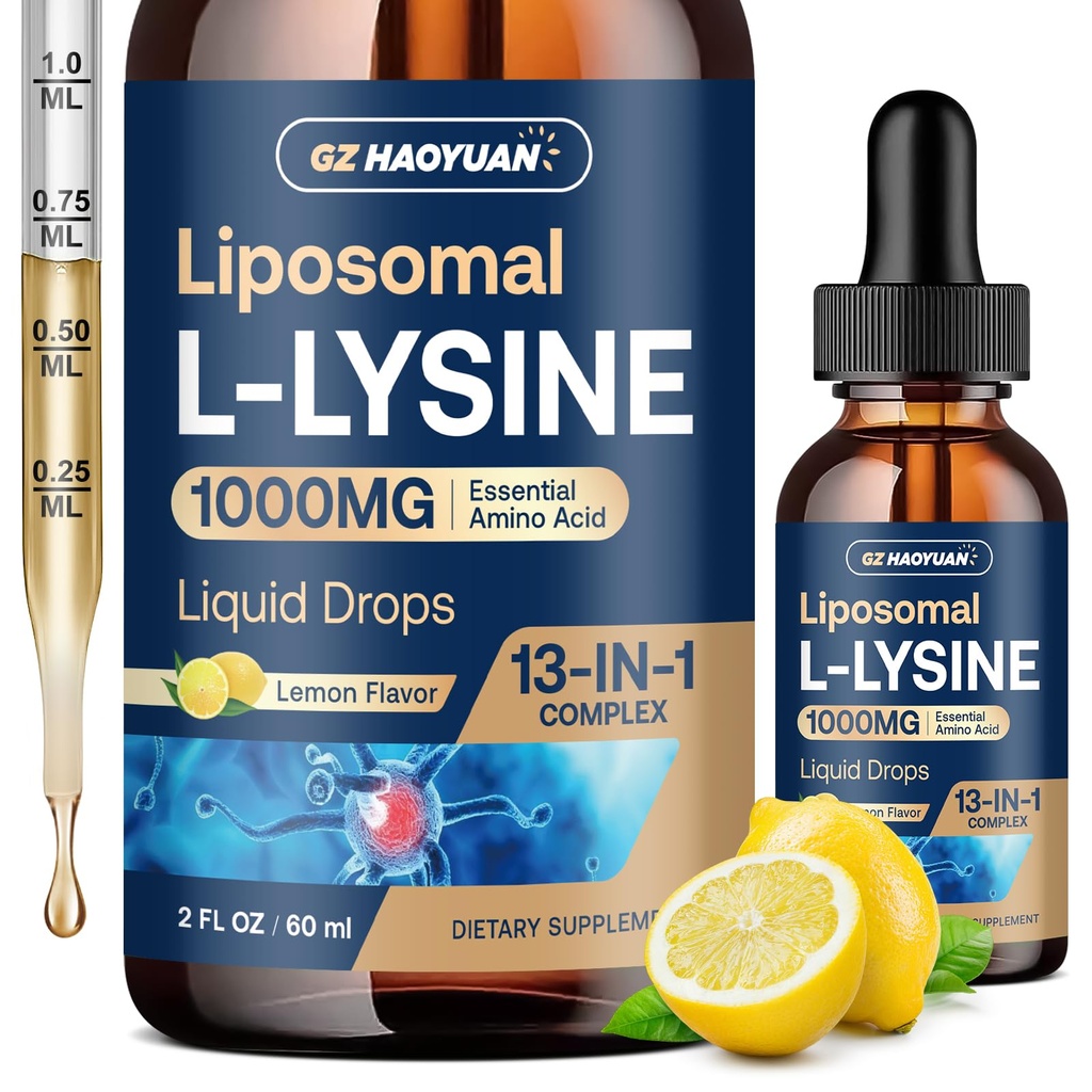 Liposomal L-lysine 1000MG flytende dråper, 13-i-1 lysin kosttilskudd - Monolaurin, Olive Leaf ekstrakt med vitamin C, B6, D3, B12 & sink for kollagen, leppe, hud og immun støtte for barn og voksne, 2oz