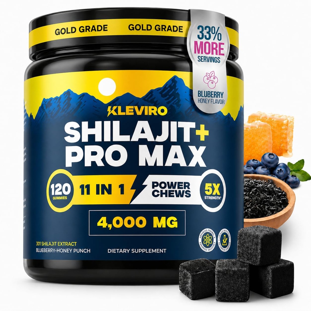 KLEVIRO 30:1 Shilajit Gummies for menn | 78% Fulvic Acid | 11-i-1 Kompleks med Ashwagandha, Tongkat Ali, Manuka Honning, Rhodiola, Lion's Mane | Nei lagt til sukker | GMP sertifisert og Lab testet