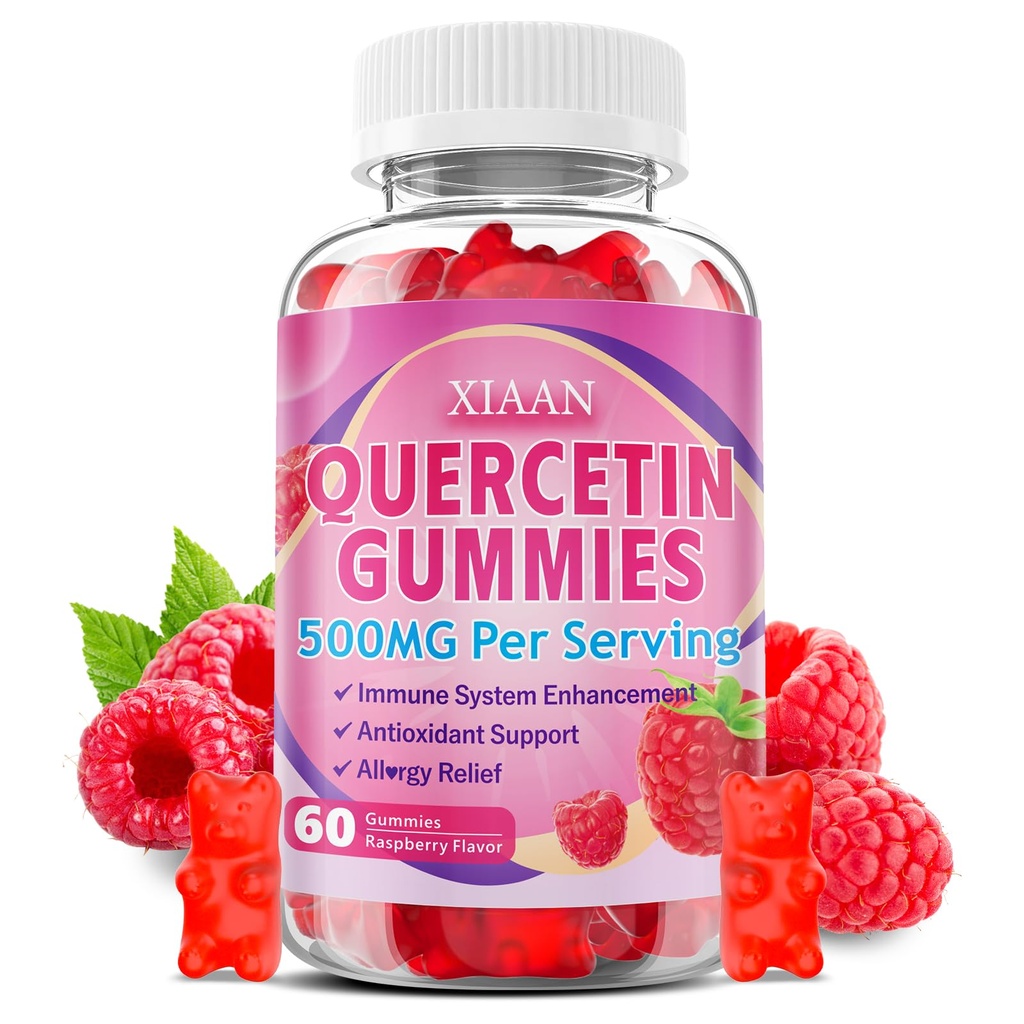 Quercetin Gummies 500mg for barn og voksne, organisk Quercetin kosttilskudd med Bromelain Sink Vitamin C og D3 støtte antioksidant og immunsystem helse, bringebær flavor 60 greve