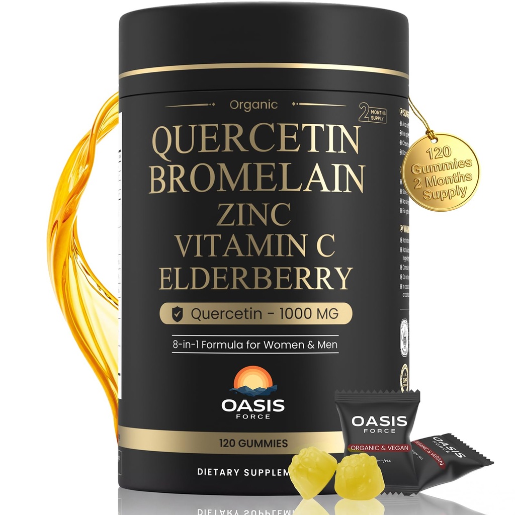 8-i-1 Quercetin med Bromelain Gummies 1000 mg, høy potens organisk Quercetin Supplement med sink & vitamin C, Elderberry, sesongmessig velvære og immun støtte, Vegan, sukkerfri, 120 Gummies