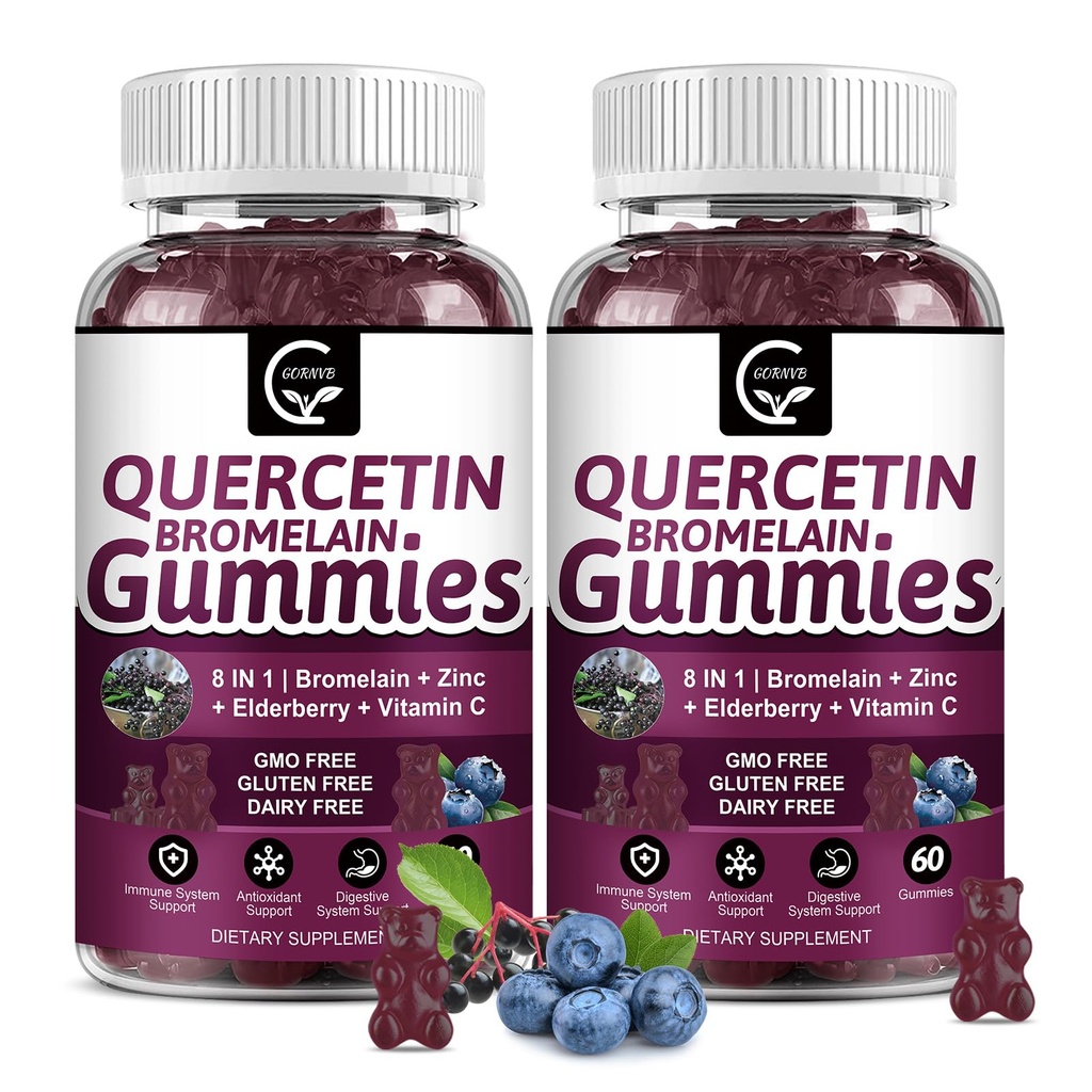 (2 Pack) Quercetin Gummies - Quercetin med Bromelain 2378mg - Blande med eldrebær, Echinacea Purpurea Extract, sink, vitamin C,D3,K2, Kompleks støtter immun, kardiovaskulær og pustende funksjon