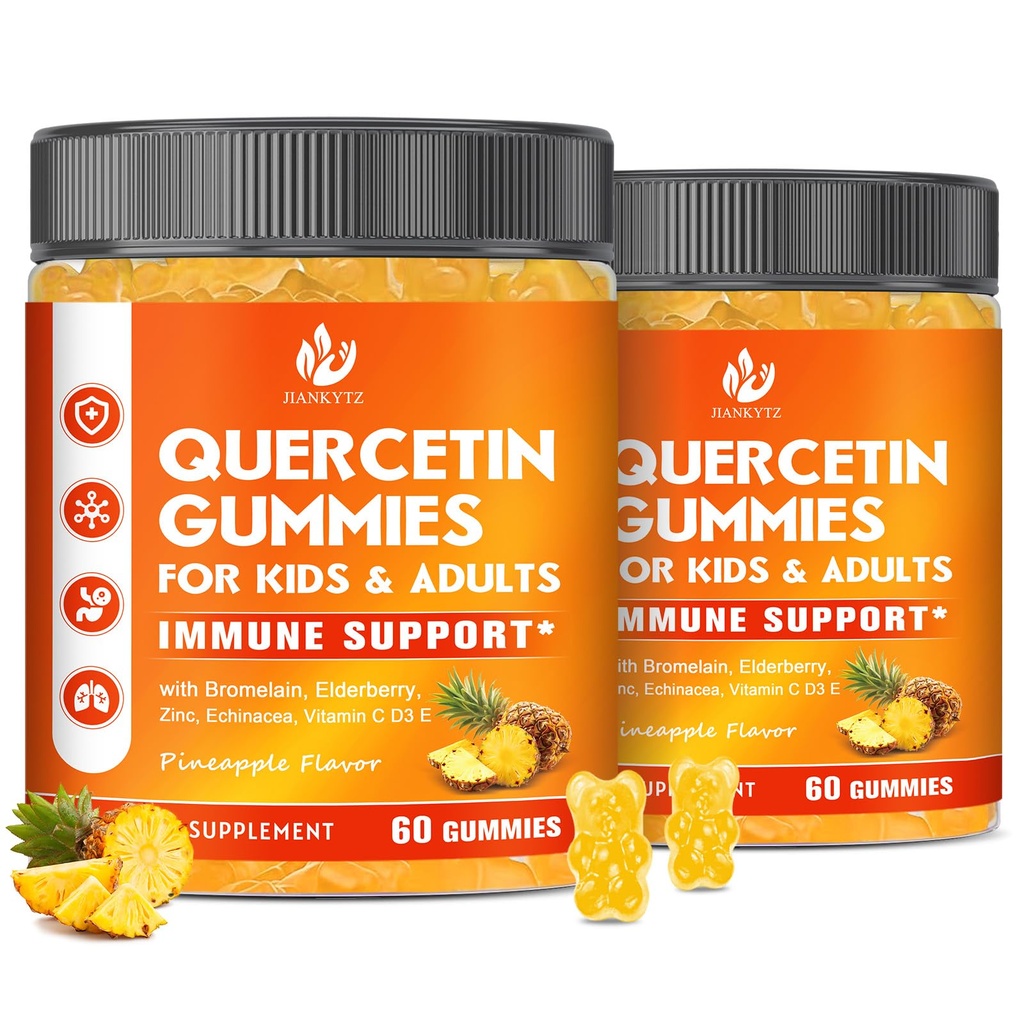 (2 Pakke) Sukkerfri Quercetin med Bromelain Gummies for barn og voksen - Immune, Antioksidant, sesongstøtte, 1000 mg Quercetin kosttilskudd med Bromelain, sink, eldrebær, vitamin C3 E, 120 greve