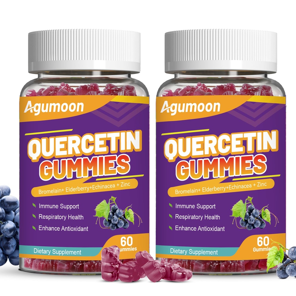 2 Pack Quercetin Gummies, 1000 mg Quercetin med Bromelain Zink Elderberry, Immun & Antioksidant støtte, Vegan Gummies for voksne og barn, 120 greve