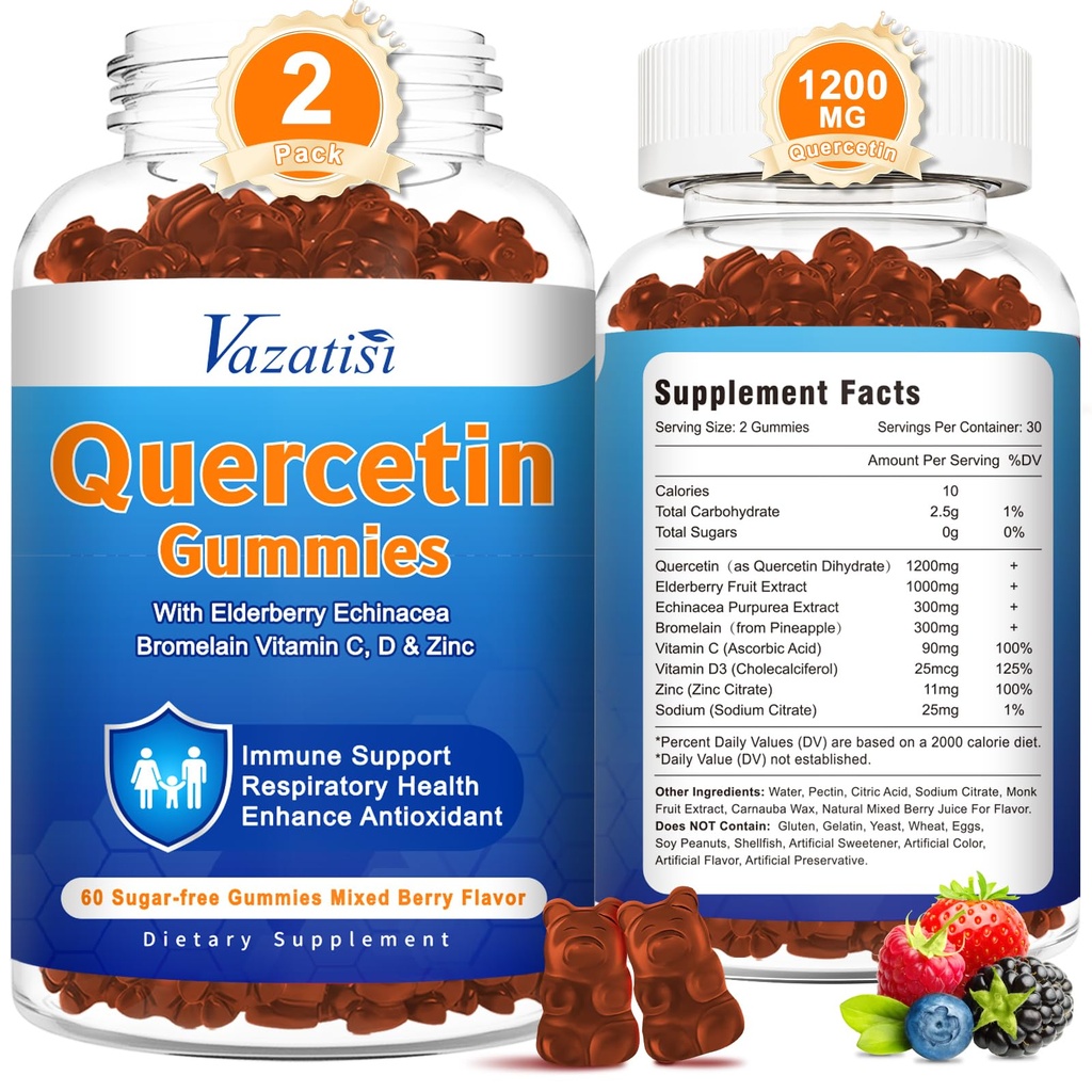 2 Pack Quercetin med Bromelain Gummies, Quercetin med vitamin C sink & eldrebær for immunsystem & allergi, Chewable og vegan gummies, blandet Berry Flavor 120 Cts