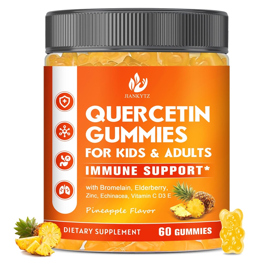 Sukker Gratis Quercetin med Bromelain Gummies for barn og voksen - Immune, Antioksidant, sesongstøtte, 1000 mg Quercetin Supplementer med Bromelain, Sink, Elderbær, Vitamin C D3 E, Vegan, 60 greve