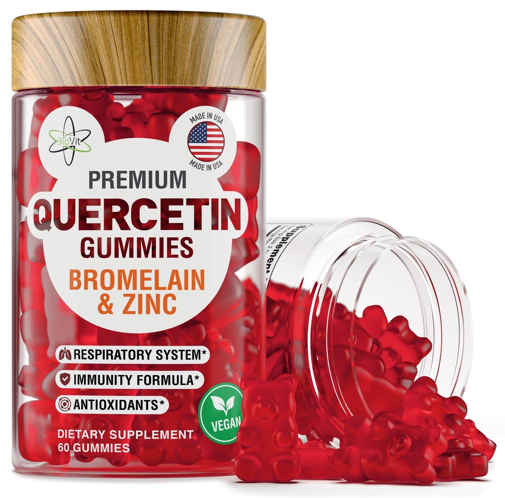 BioVit Quercetin Gummies 500MG - Aktivert Quercetin for barn og voksne immunsystem & Allergi - Chewable med Bromelain, Sink, vitamin C, vitamin D3 - laget i USA - 60 Vegan Gummy Bjørne