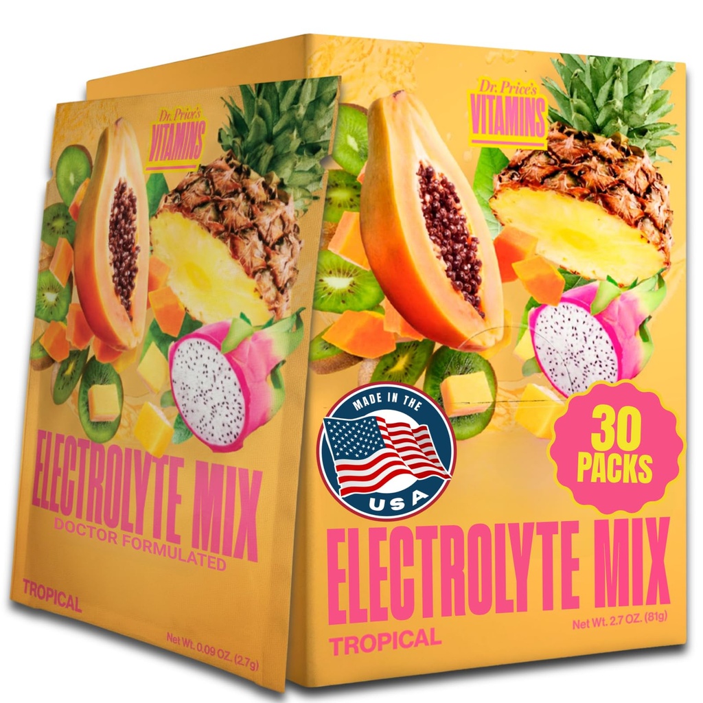 Dr. Price Electrolyte Mix | Sukkerfri Hydration Powder med 72 + Trace Minerals | No Sukker, Fast Dissolving Electrolytes Powder Packets | Tropiske (30 Pakker)