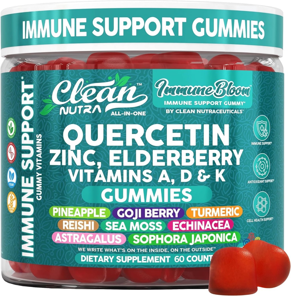 Ren Quercetin Elderberry Immune Støtte Gummies ® Zink Vitamin K2 D3 En Bromelain Goji Berry Turmeric Sea Moss Echinacea Astragalus Selenium Olive Leaf Immunitet Supplement Gummy Vitaminer