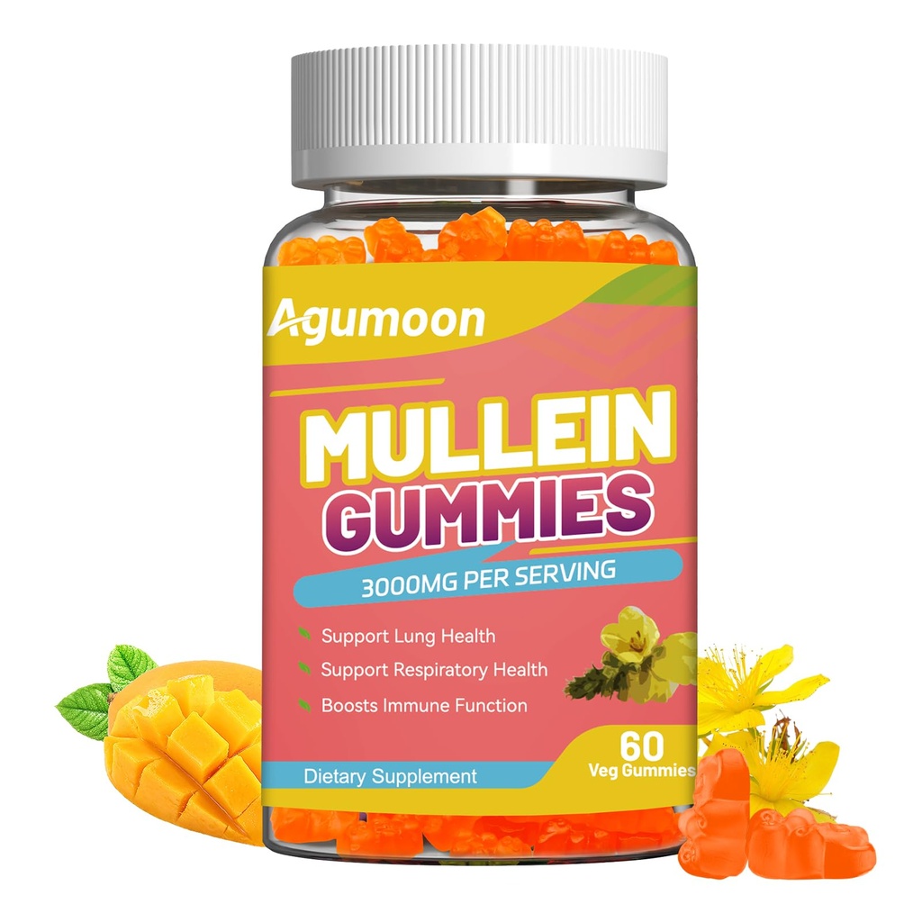 3000MG Mullein Gummies, Ekstra styrke Mullein Leaf ekstrakt med Quercetin, Bromelain for Lung Detox & Immune Support, Mango Flavor, 60 greve