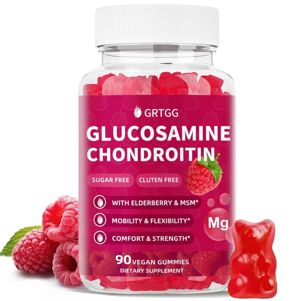Glucosamine Chondroitin Gummies med MSM & eldrebær ekstra styrke 3000MG - Felles støtte, antioksidant immun støtte Supplement for voksne, menn og kvinner - 90 bringebær gummier
