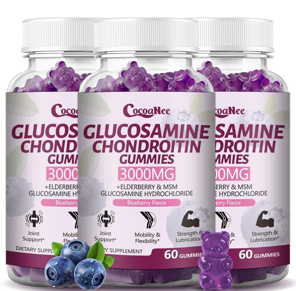 3 Pakker 3000MG Glukosamin Chondroitin Gummies, Ekstra styrke felles støtte Supplement med MSM & Elderberry, Fleksibilitet, Antioksidant immunstøtte Gummi for voksne, Menn & kvinner 180Cts