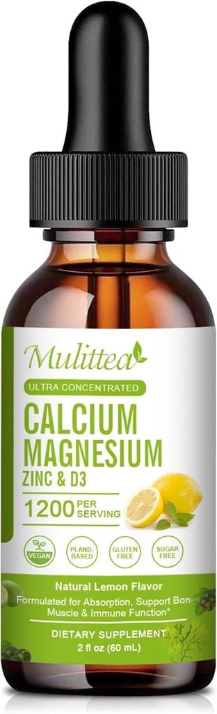 Kalsium Magnesium Sink flytende med vitamin D3, Magnesium Glyonat Plus vitamin C K2| Høy absorpsjon Plante Kalsium Supplement for hjerte og bein | Glutenfri, Sukker-fri | 30 Serverer | Lemon Flavor