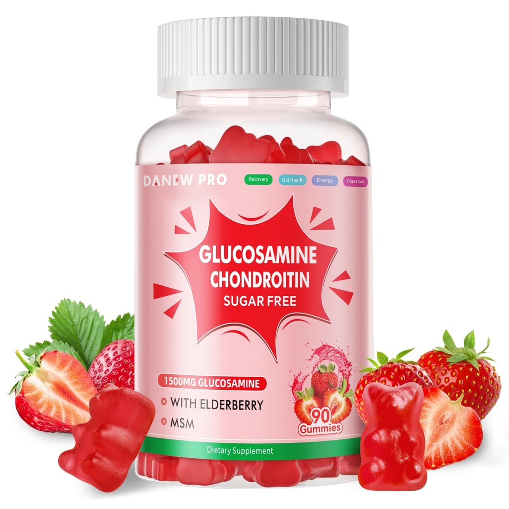 DANEW Pro glucosamine Chondroitin Gummies med MSM & Elderberry ekstra styrke - Felles støtte, antioksidant immun støtte Supplement for voksne, menn og kvinner.90 Jordbær Gummies