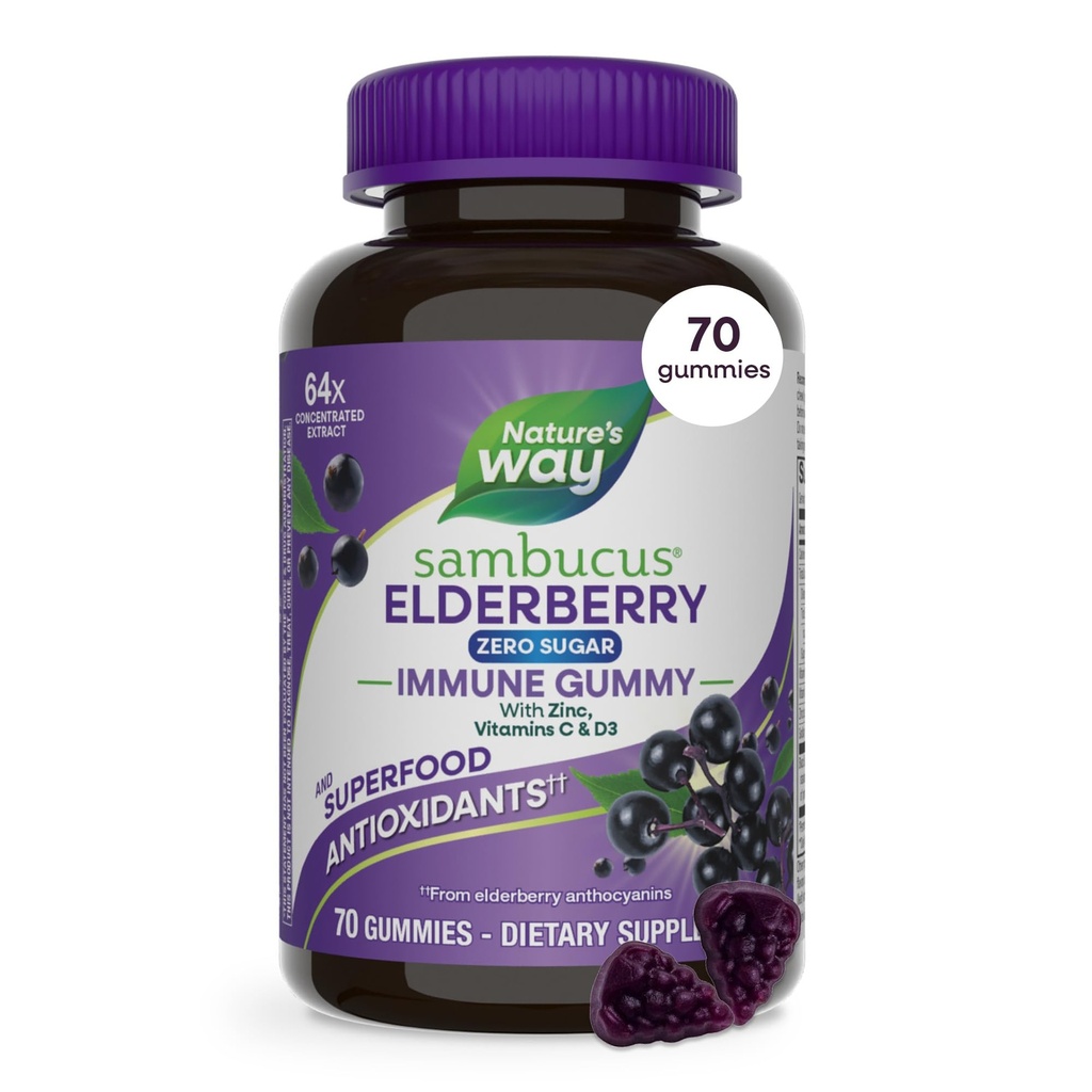 Naturens måte Sambucus Zero Sugar Immune Gummies, Daglig immunstøtte *, Svart Elderbær Ekstrakt, Vitamin C, Vitamin D3, Sink, Sukkerfri, Sukker Alkohol Gratis, Plantebaserte søtningsmidler, 70 Gummies
