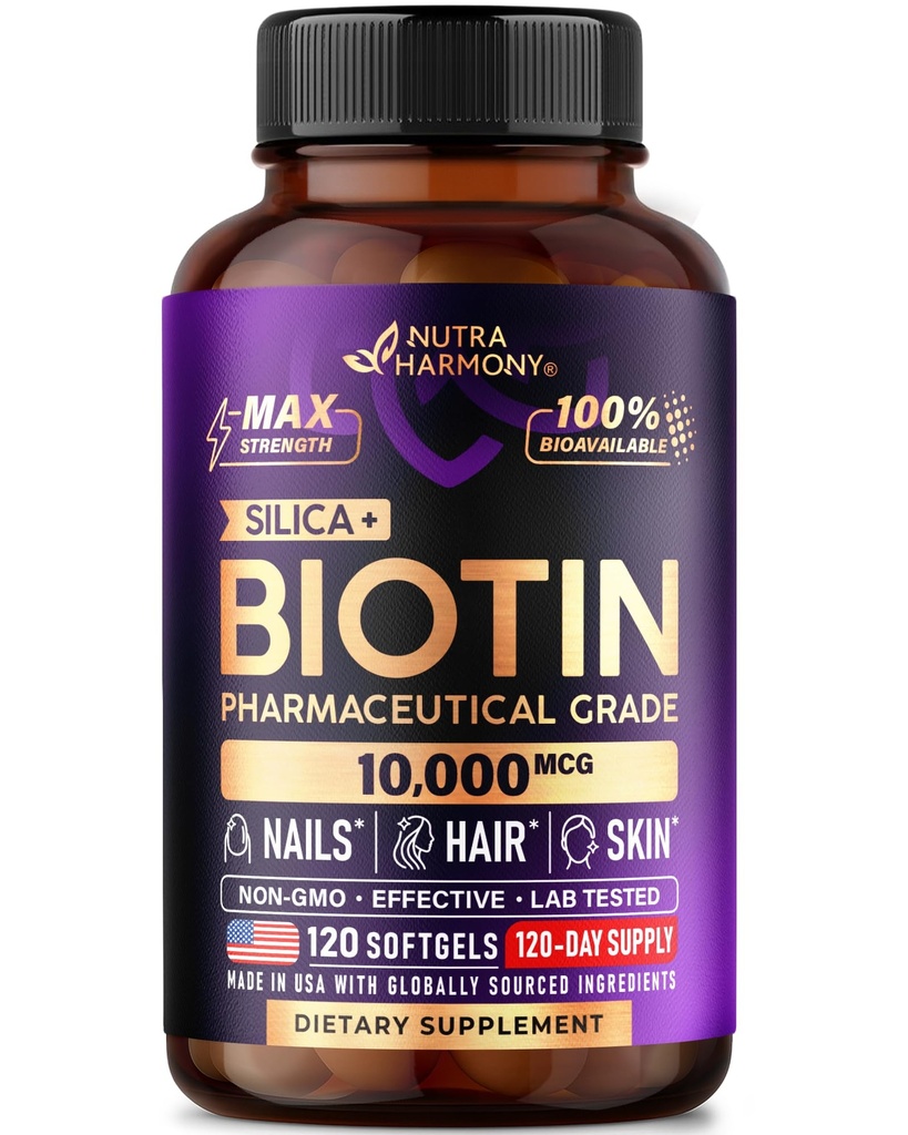 Biotin 10000mcg med silikon - Farmasøytisk Grade Biotin Supplement for kvinner - Hårvekst Støtte, hud og negler - Maks styrke og 100% Biotilgjengelighet - laget i USA - 120 Softgels, 120 dagers forsyning
