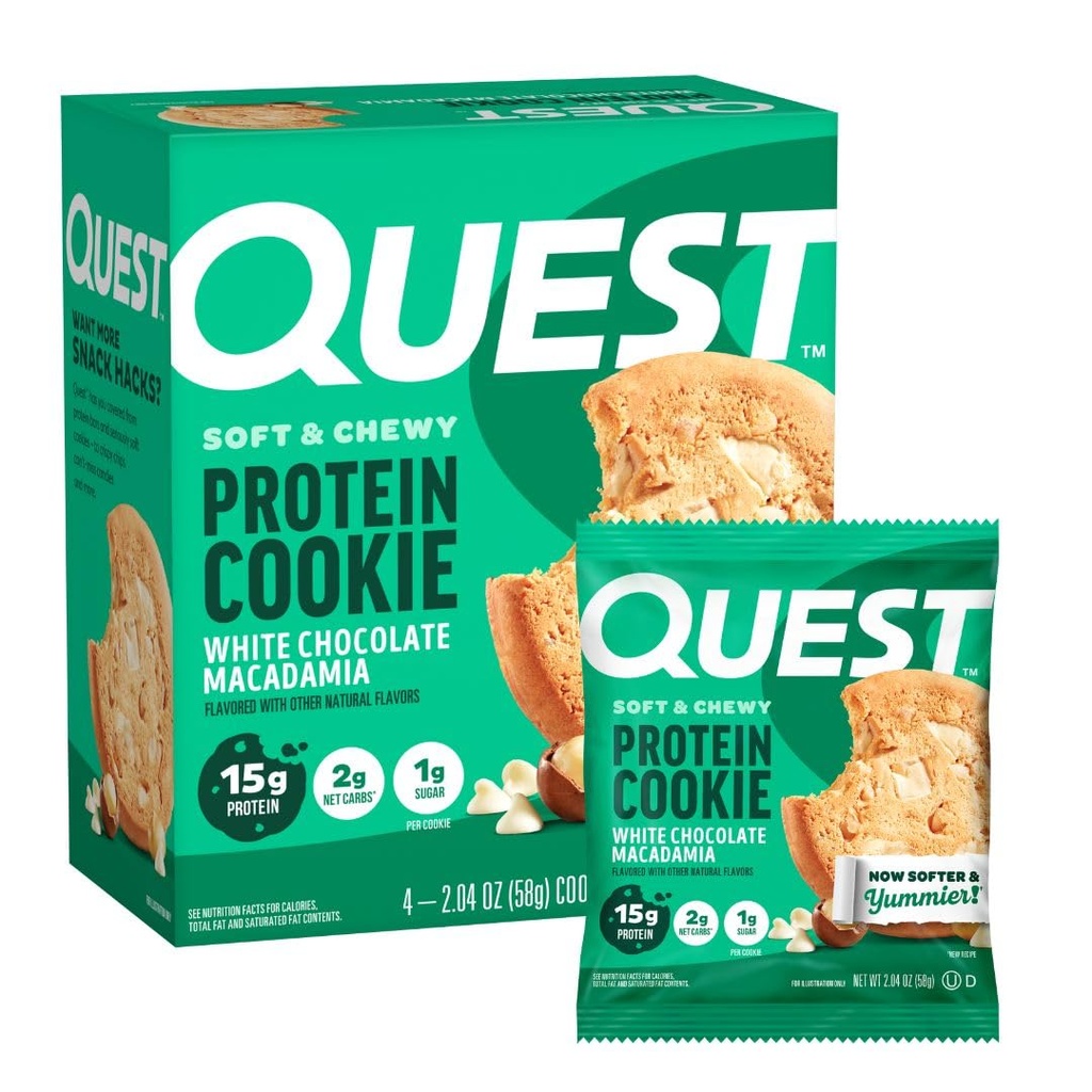 Quest Nutrition Hvit Sjokolade Macadamia Protein Cookie, 15g Protein, 1g Sukker, 2g Netto karbohydrater, Keto Vennlig, høyprotein, Lavkarbohydrat; 4 greve