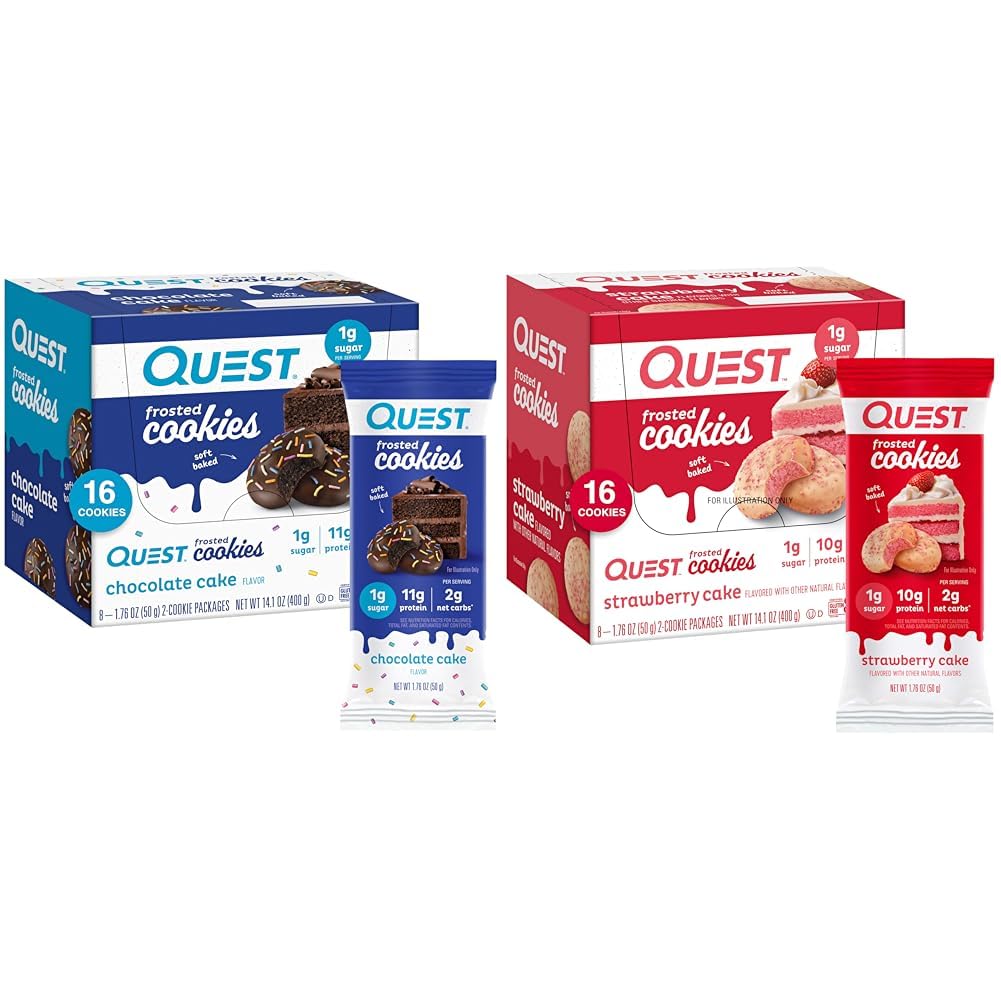 Quest Nutrition Frosted Cookies Twin Pack Bundle, sjokolade Cake 1g Sukker 11g Protein 2g Netto Carbs og Strawberry Cake 1g Sukker 10g Protein 2g Netto Carbs, Glutenfri, 16 Cookies Hver
