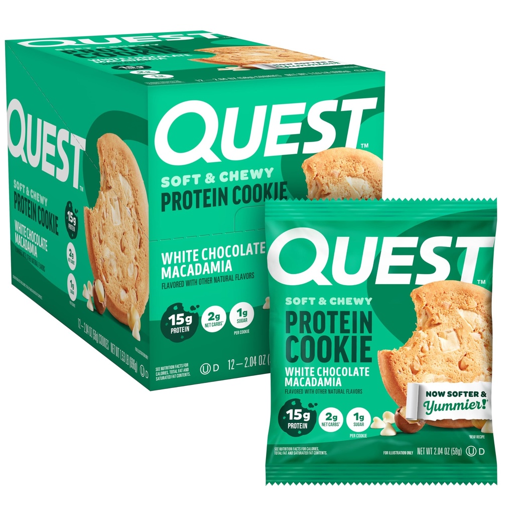 Quest Ernæring Hvit Sjokolade Macadamia Protein Cookie, 15g Protein, 1g Sukker, 2g Netto karbohydrater, Keto Vennlig, høyprotein, Lavkarbohydrat; 12 greve