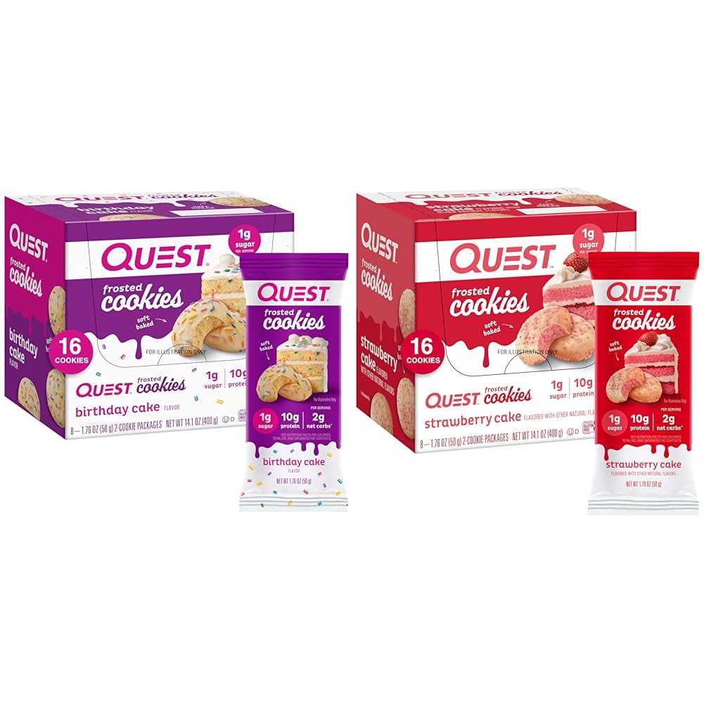 Quest Frostate Cookies Twin Pack with Birthday Cake 1g Sukker 10g Protein 2g Netto Carbs Glutenfri 8 Count og Jordbær Kake 1g Sukker 10g Protein 2g Netto Carbs Glutenfri 16 Cookies