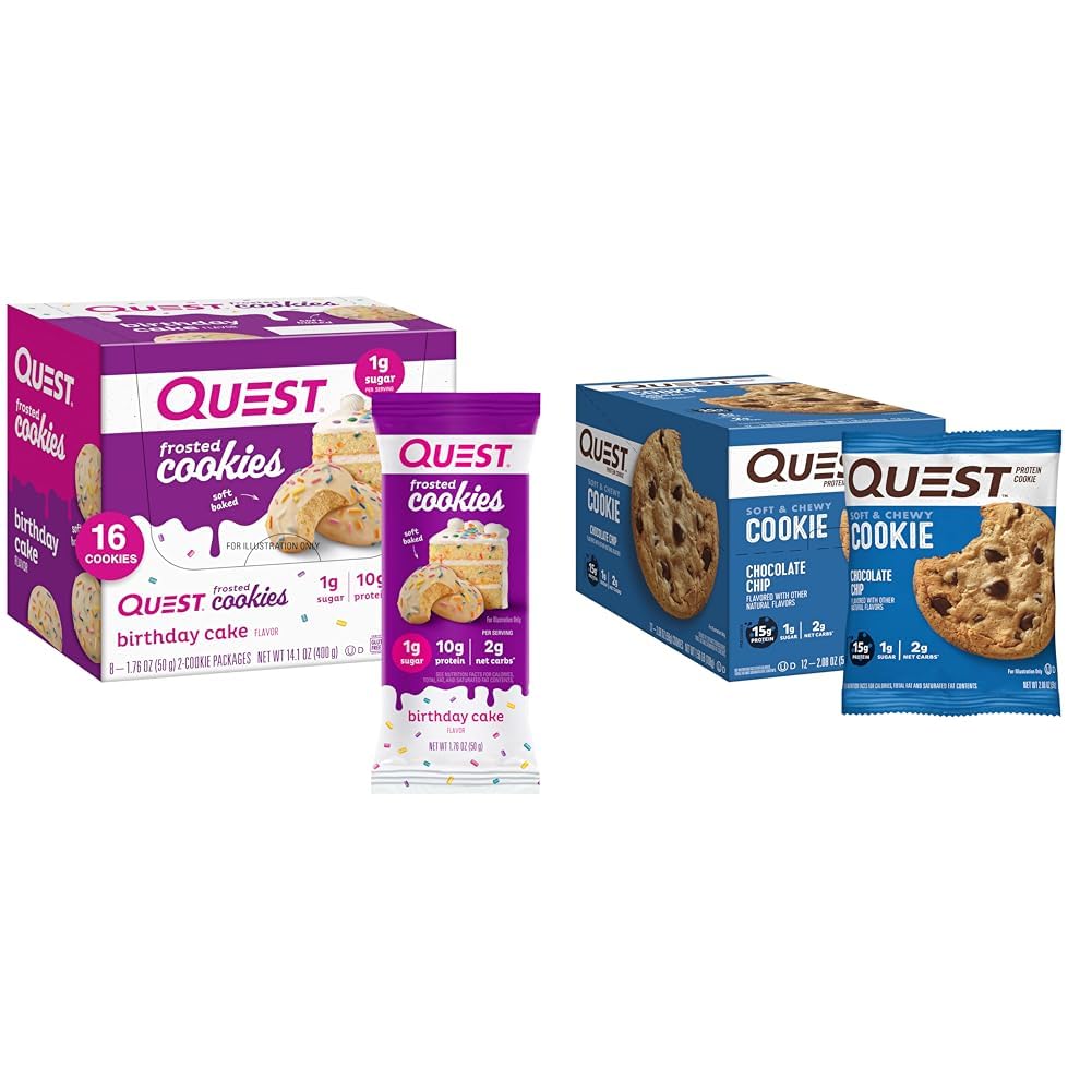 Quest Nutrition Frosted Cookies Twin Pack Fødselsdag Kake 1g Sukker 10g Protein 2g Netto Karbohydrater Glutenfri 8 Count & Sjokolade Chip Protein Cookie 12 greve