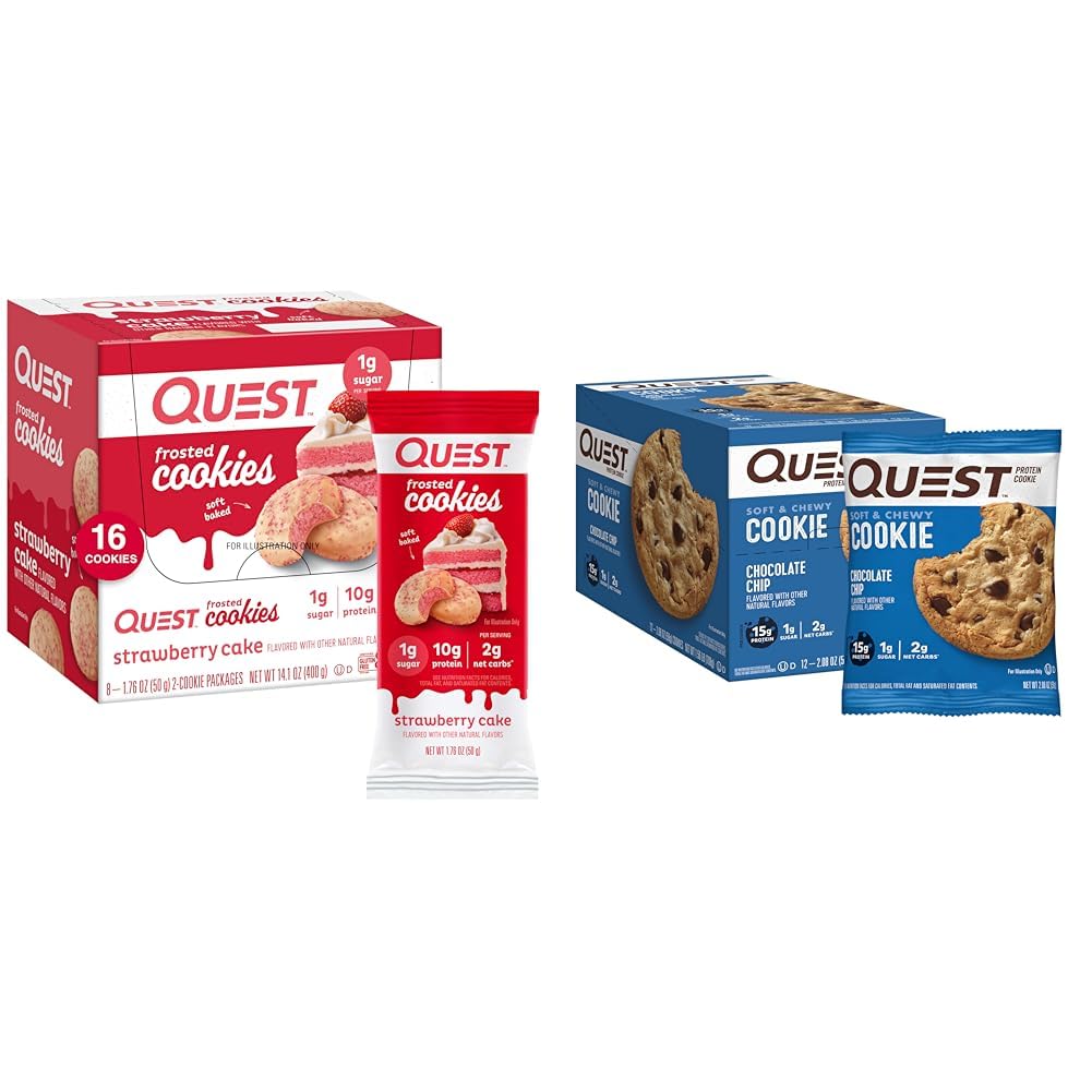 Quest Ernæring Frosted Strawberry Cake & Sjokolade Chip Protein Cookie Bundle, 1g Sukker, 10g Protein, 2g Netto Carbs, Glutenfri, 16 & 12 Count