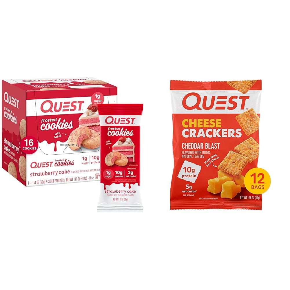 Quest Nutrition Frosted Cookies Twin Pack, Strawberry Cake, 1g Sukker, 10g Protein, 2g Netto Carbs & Cheese Crackers, Cheddar Blast, høy protein, lav kull, laget med ekte ost, 12 Ct