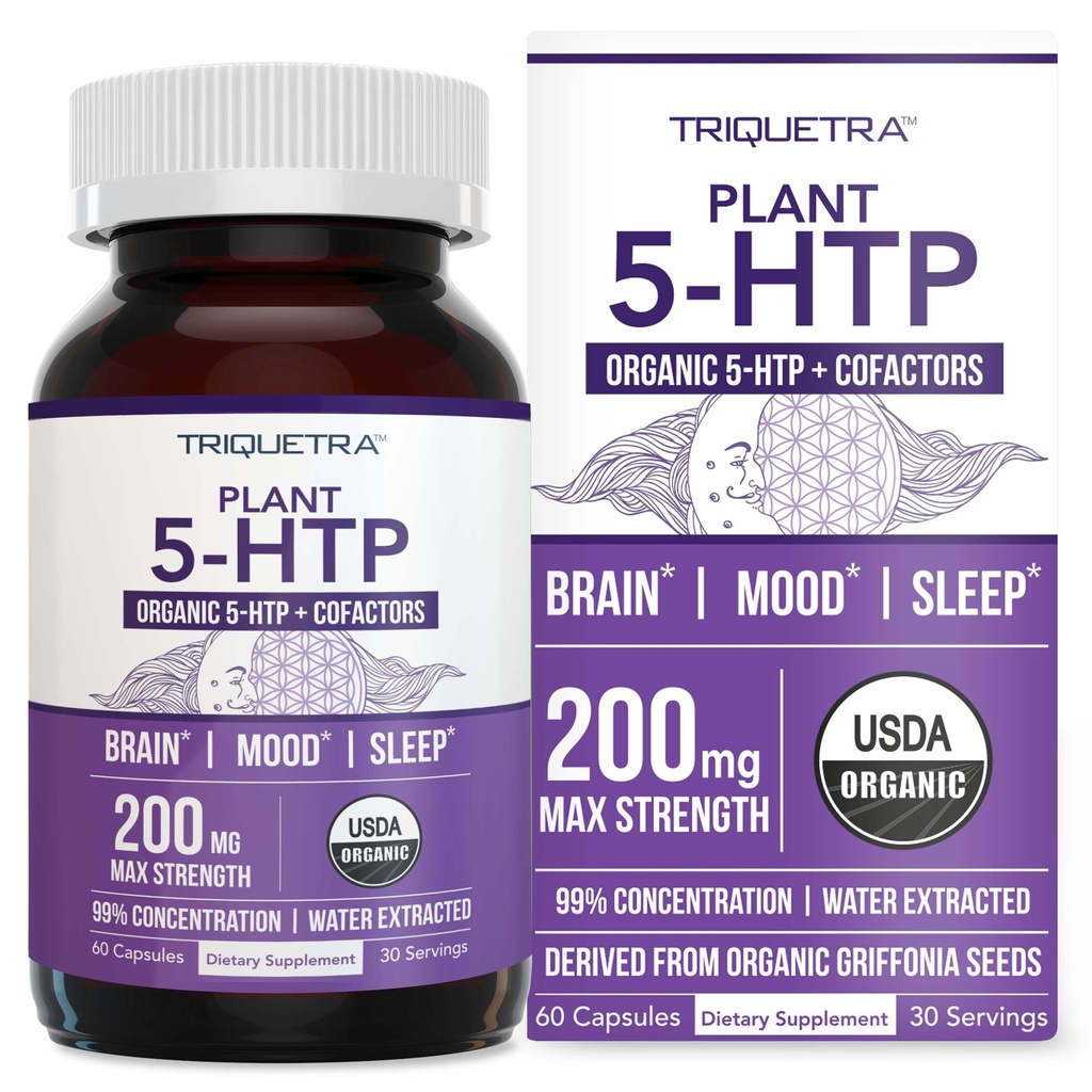 Økologisk 5-HTP - 200 mg | 99% 5HTP Konsentrasjon, Plus Cofactor Vitamin B6 & Lions Mane | Vann ekstrahert fra organiske Griffonia Seeds | Støtter humør, kognisjon og søvn (60 Kapsler | 30 Services)