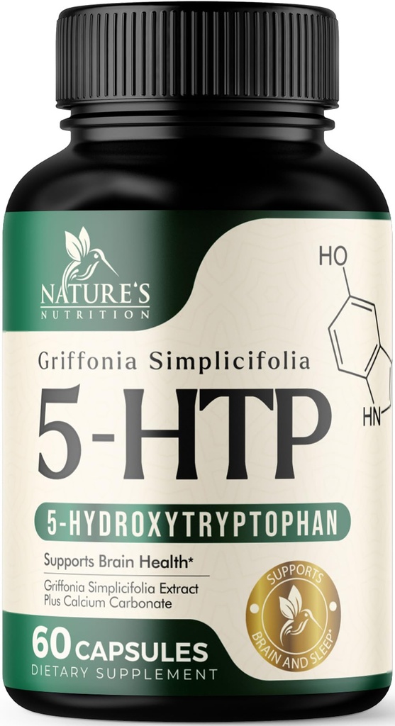 5 Hydroxytryptophan kapsler - 180 mg per servering 5 HTP Supplement Plus Kalsium for hjernens helse og søvn støtte, ekstra styrke Griffonia Simplicifolia 5-HTP formel, 5HTP, USA flasket - 60 kapsler