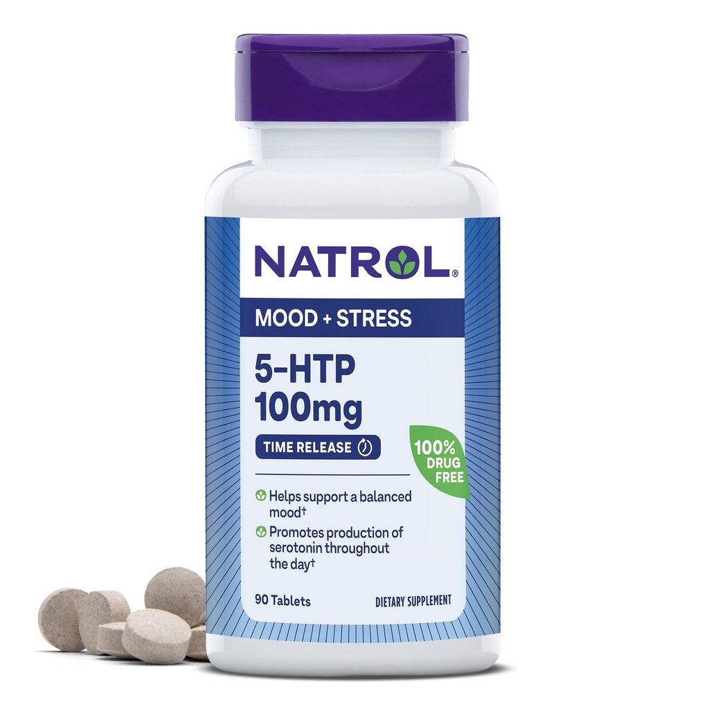 Natrol 5-HTP 100mg, Dietary Supplement hjelper støtte en balansert humør, Mood og stress støtte Supplement, 90 time release tabletter, 45-90 dagers forsyning