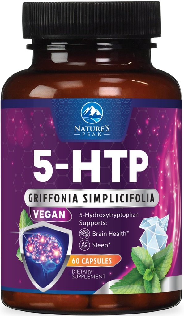 5-HTP Supplement - 5-HTP 200mg Per Serving - Ekstra styrke 5HTP (5-hydroxytryptophan) Griffonia Simplicifolia - Støtter hvilelig søvn, naturlig ro og hjerne helse - flaske i USA - 60 kapsler