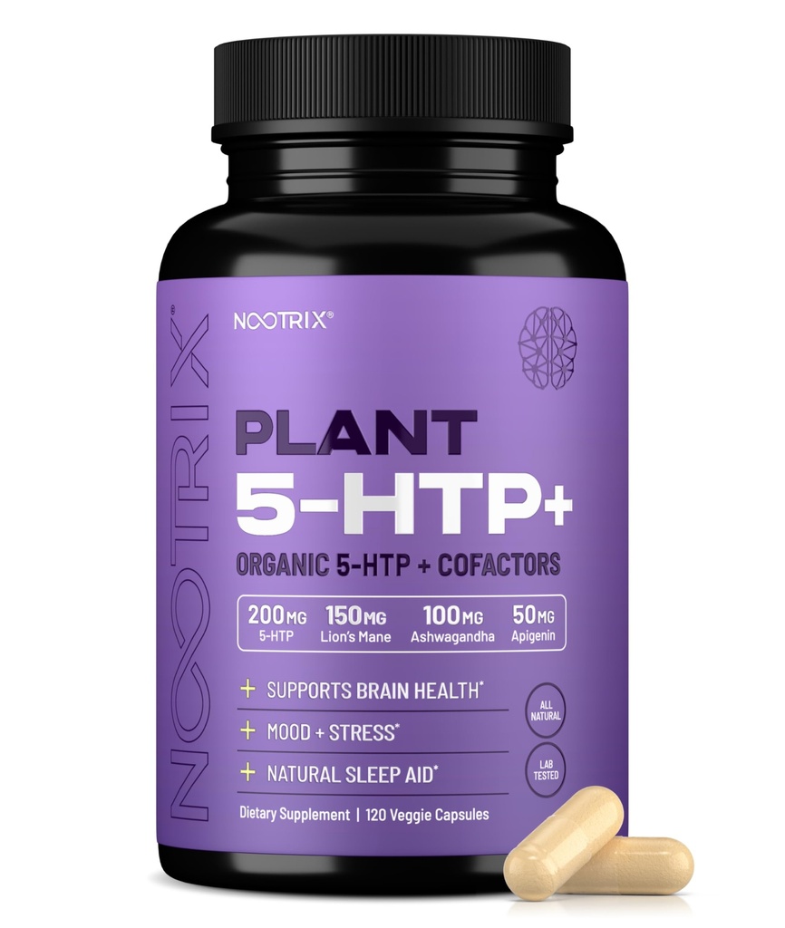 Nootrix Organic Plant 5 HTP+ Supplement | Støtter minne, mental fokus, kognitiv helse og energi | fremmer sunn humør og hjernefunksjon | vitamin B6 & L teanin | 120 kapsler