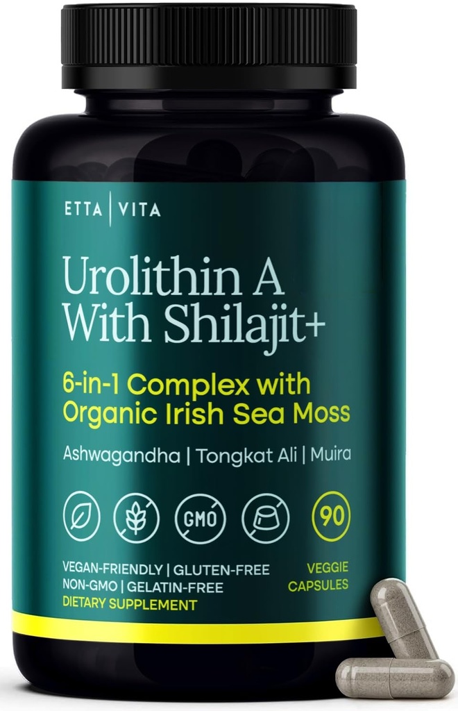 Urolitin-A Complex w Shilajit, Organic Sea Moss, Ashwagandha & Tongkat Ali, Naturlig energi, Libido, Hormon Balance, og Fokus for menn og kvinner (Made i USA - 3. parti testet)